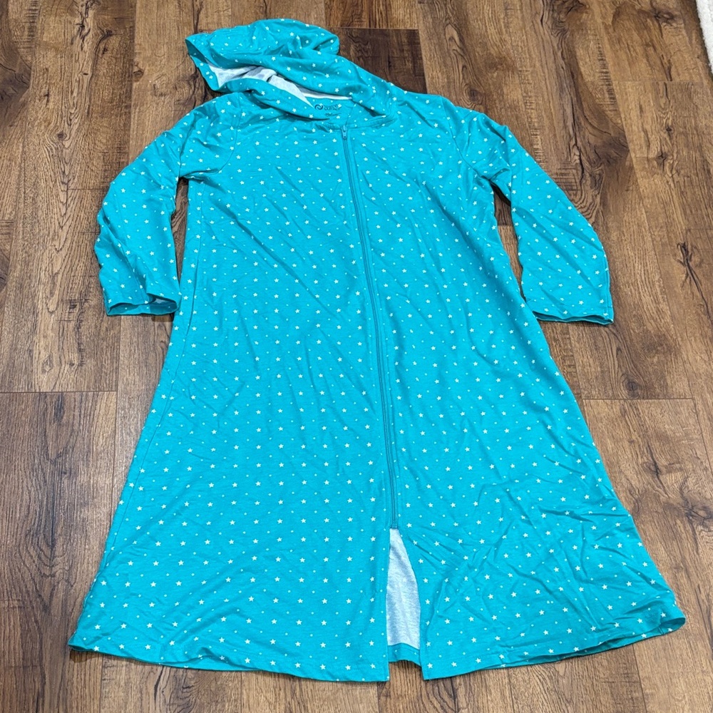 🌈Cozee Corner Teal Hooded Zip-Up Robe with White Star Polka Dots🌈